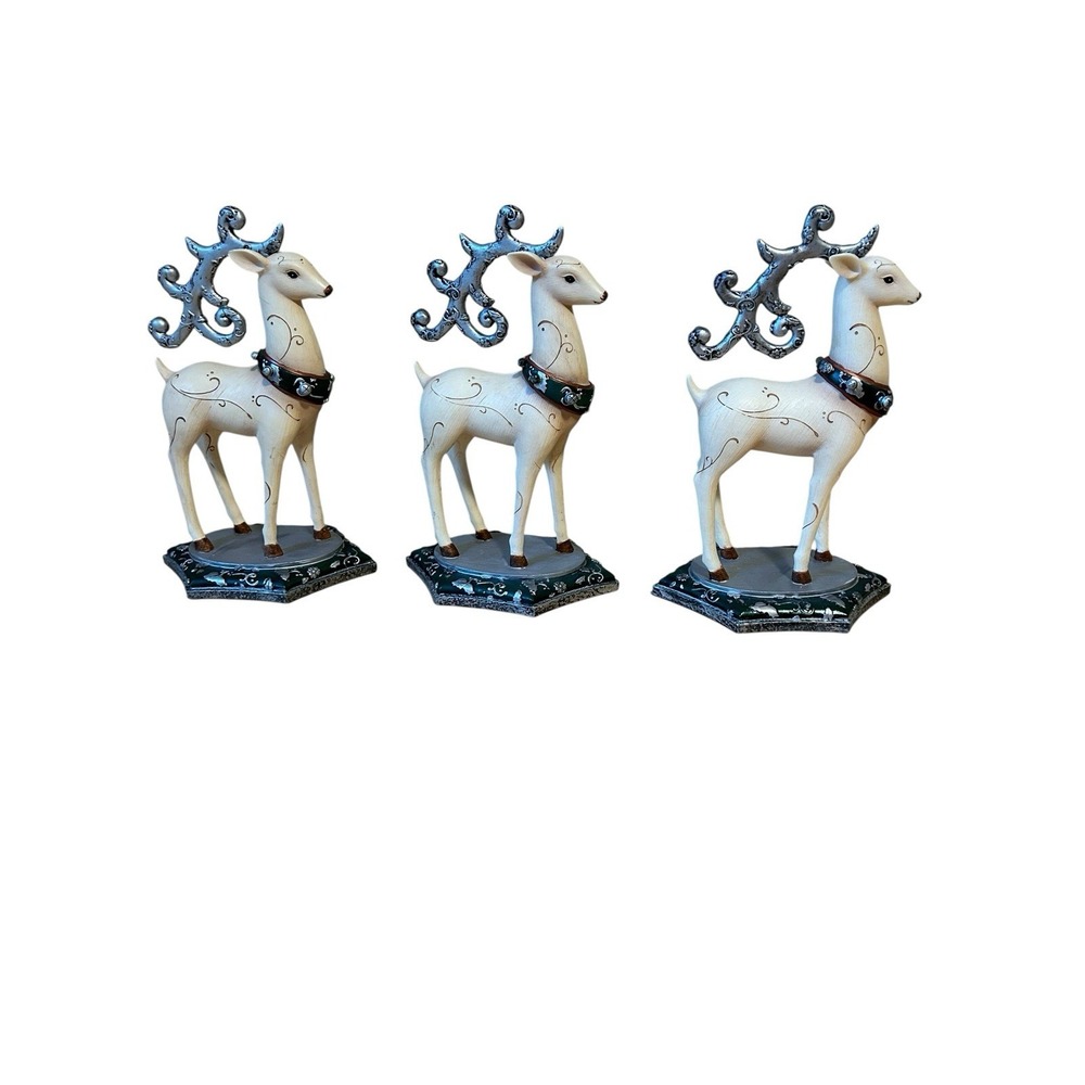 Elements‎ Reindeer Lot Of 3 Figures Statues Decor Silver Cream Green